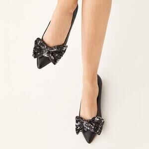 Jack Rogers Debra Black Leather Point Toe Sequin Bow Ballet Flats Size 8.5